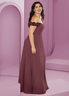 Barbie ♥ Azazie Suknie dla druhen Rozkloszowana szyfonowa sukienka z odkrytymi ramionami i kwiatowymi rozetkami image15