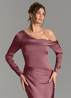 Azazie Sandra Bridesmaid Dresses Desert Rose Mermaid Long Sleeve Stretch Satin Dress image7