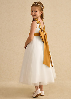 Azazie Lilli Robe Demoiselle D'honneur Fillette Robe Trapèze en Tulle Arc Ivoire Caramel Au Beurre image3