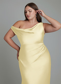 Azazie Emerson Bridesmaid Dresses Lemon Sorbet Mermaid Off the Shoulder Stretch Satin Dress image12
