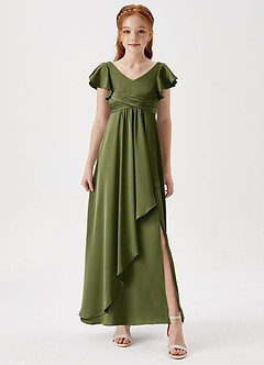 Azazie Omari Junior Olive A-Line Pleated Stretch Satin Dress image4