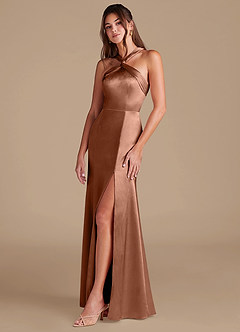 Azazie Rue Abiti da Damigella Abito Sirena in Raso Metallizzato Plissettato Bronzo image5