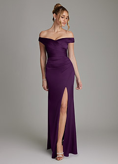 Azazie Teyana Bridesmaid Dresses Grape Sheath Off the Shoulder Stretch Satin Dress image1