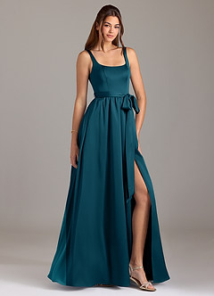 Azazie Elliott Bridesmaid Dresses Ink Blue A-Line with Pockets Stretch Satin Dress image1
