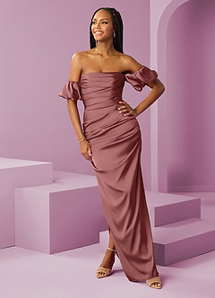 Barbie ♥ Azazie Bridesmaid Dresses Amethyst Sheath Off the Shoulder Stretch Satin Convertible Dress image3