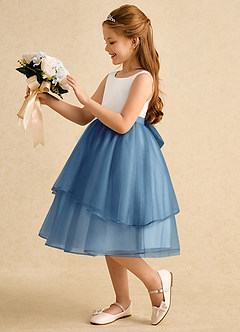 Azazie Rene Flower Girl Dresses Ivory Steel Blue A-Line Bow Tulle Dress image5