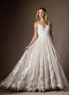 Azazie Delaina Vestidos de novia Vestido de Blanco Diamante Cocoa de Tul de Corte en A con Lentejuelas cuello pico image5