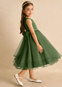 Azazie Lass vestidos de niña de las flores Vestido de Oliva de Tul de Corte En A con Lazo image4