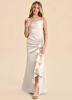 Azazie Rosalia Junior White Alabaster Sheath Pleated Stretch Satin Dress image5