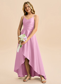 Azazie Eirlys Junior Robe Trapèze en Satin extensible Plissée Rose Bonbon image4
