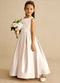 Azazie Cailee Abiti da Ragazza di Fiori Abito Principessa in Raso Opaco Plissettato Alabastro Bianco image2