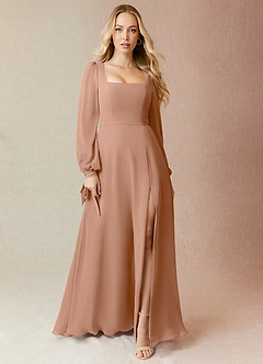 Azazie Leonia Brautjungfernkleider A-Linie Langarm Chiffon Kleid Champagner Rosa image7