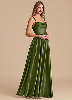 Azazie Shaude Bridesmaid Dresses Olive A-Line Pleated Metallic Satin Dress image4