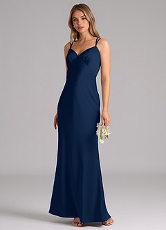 Azazie Suttona Robes de demoiselle d'honneur Robe Trapèze en Satin extensible Plissée Bleu Marine Foncé image4