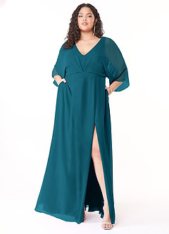 Azazie Rebecca Final Sale Black A-Line V-Neck Long Sleeve Chiffon Dress image7