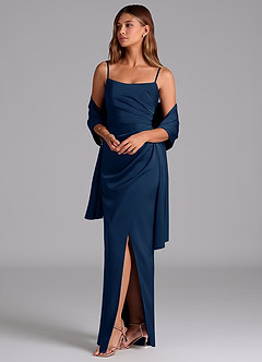 Azazie Calandra Robes de demoiselle d'honneur Robe Trapèze en Satin extensible Plissée Bleu Marine Foncé image5
