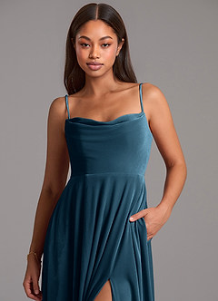 Azazie Elle Abiti da Damigella Abito A-Line in Velluto Con Tasche Topazio Blu image2