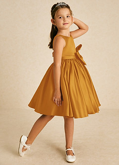Azazie Apple Flower Girl Dresses Butterscotch A-Line Bow Matte Satin Dress image3