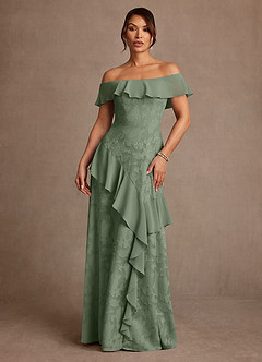 Azazie Marina Mother of the Bride Dresses Matcha A-Line Off the Shoulder Floral Burnout Dress image1