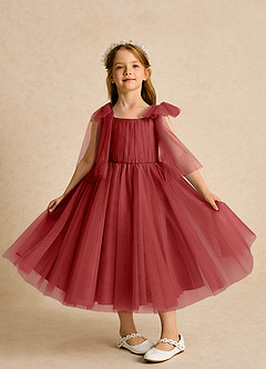 Azazie Dori Robe Demoiselle D'honneur Fillette Robe Trapèze en Tulle Rayé Rouille image6