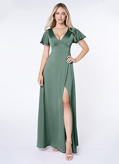 Azazie Lani Bridesmaid Dresses Eucalyptus A-Line Flounce Sleeve Stretch Satin Dress image1