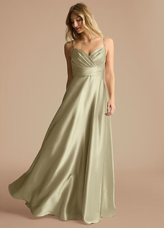 Azazie Oliana Jurken voor bruidsmeisjes Jurk van Metaalachtig Satijn met A-Lijn Geplooid Mosgroen image2