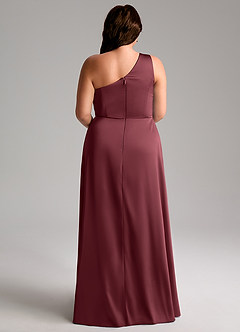 Azazie Brooke Robes de demoiselle d'honneur Robe Trapèze en Satin extensible Ue épaule Merlot image9