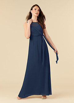 Azazie Marchioness Abiti per la Madre della Sposa Abito A-Line in Chiffon con Scollo a U a Pieghe Marino Scuro image1