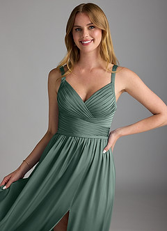 Azazie Chanel Bridesmaid Dresses Sea Moss A-Line Pleated Stretch Satin Dress image3