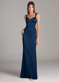 Azazie Denice Bridesmaid Dresses Dark Navy Sheath Pleated Stretch Satin Dress image3