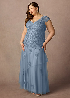 Azazie Romy vestidos de madre de la novia Vestido de Azul Polvoriento de Tul de Sirena con Cuello en V Lentejuelas image9