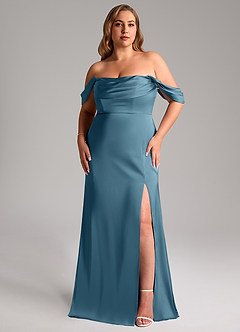 Azazie Saige Bridesmaid Dresses Bermuda Sheath Off the Shoulder Stretch Satin Dress image11