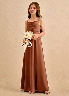 Azazie Chamomile Girls Formal Robe Demoiselle D'honneur Fillette Robe Trapèze en Satin extensible Plissée Cuivre image3