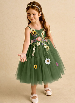 Azazie Osea Flower Girl Dresses Olive Ball-Gown Pleated Tulle Dress image1