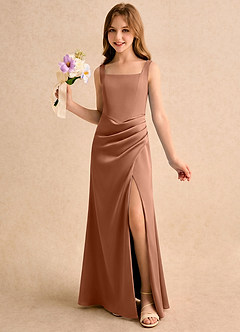 Azazie Noah Girls Formal Flower Girl Dresses Bronzer Sheath Pleated Stretch Satin Dress image1