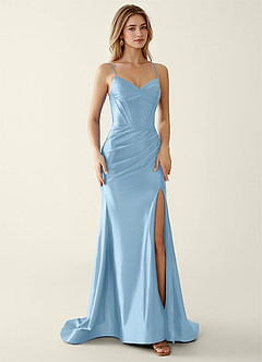 Indigo Sky Blue Satin V-neck Sequins Mermaid Prom Dress image4