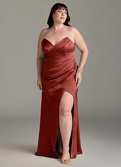 Azazie Yola Bridesmaid Dresses Terracotta Sheath V-Neck Pleated Stretch Satin Convertible Dress image11