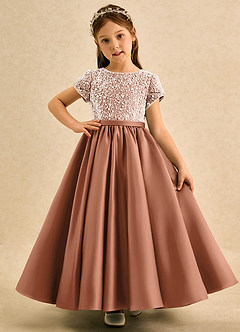 Azazie Cashew Flower Girl Dresses Bronzer Ball-Gown with Sleeves Matte Satin Dress image2