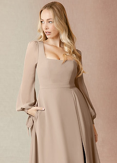 Azazie Leonia Bridesmaid Dresses Taupe A-Line Long Sleeve Chiffon Dress image6