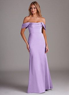 Azazie Saige Jurken voor bruidsmeisjes Jurk van Stretch Satijn met Kolom Off the Shoulder Lila image4