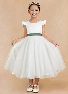 Azazie Hemi Flower Girl Dresses Ivory Eucalyptus A-Line Bow Tulle Dress image3