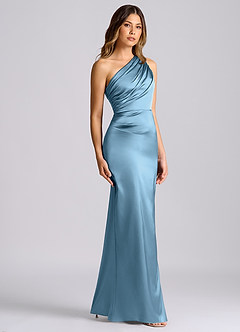 Azazie Akilah 신부 들러리 드레스 인어 한쪽 어깨 스트레치 새틴 바닥 길이 드레스 image3