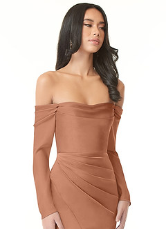 Azazie Hallie Bridesmaid Dresses Bronzer Sheath Off-The-Shoulder Long Sleeve Stretch Satin Convertible Dress image1