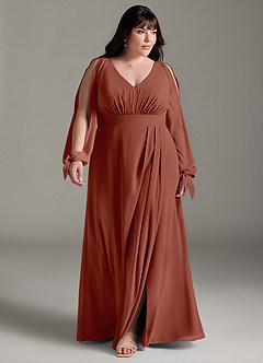 Azazie Matilda Bridesmaid Dresses Auburn A-Line Long Sleeve Chiffon Dress image14