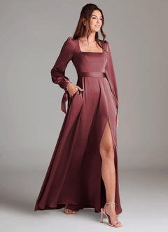 Azazie Leonia Brautjungfernkleider A-Linie Langarm Stretch-Satin Kleid Merlot image3
