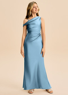 Azazie Emerson Junior Steel Blue Sheath Off the Shoulder Stretch Satin Dress image3