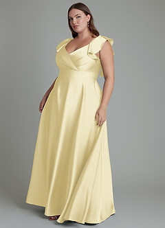 Azazie Leilani Bridesmaid Dresses Lemon Sorbet A-Line Ruched Stretch Satin Dress image15