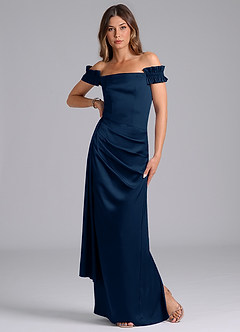 Azazie Kalysia Bridesmaid Dresses Dark Navy Mermaid Off the Shoulder Stretch Satin Convertible Dress image3