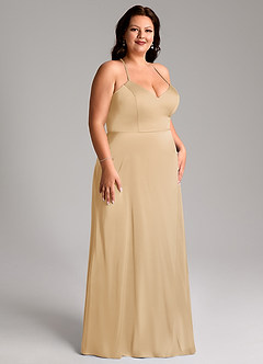 Azazie Mei Bridesmaid Dresses Gold A-Line V-Neck Stretch Satin Dress image10