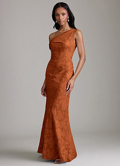 Azazie Emerson Vestidos de madrinha de casamento Vestido Laranja Queimada de Esgotamento Floral de sereia com Fora do ombro image5